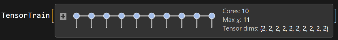 TensorTrainTools summary box showing a chain of tensor cores with bond dimensions and compression ratio