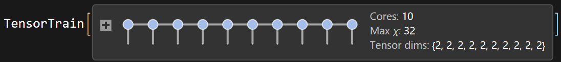 TensorTrainTools summary box showing a chain of tensor cores with bond dimensions and compression ratio